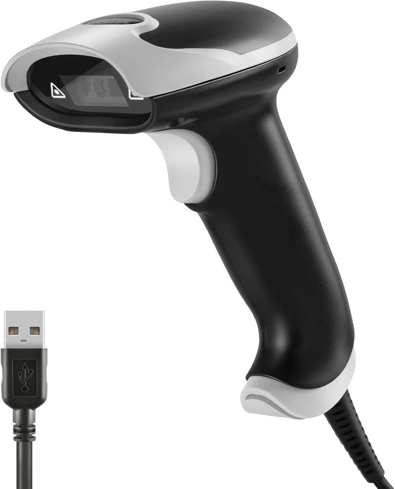 JRHC Barcode Scanner, Handheld USB QR Code Scanner Wired Connection Barcode Reader 1D 2D&PDF417 Data Matrix Automatic Plug&Play Bar Code Scanners for Desktop Store Supermarket Warehouse Library Book - Image 1